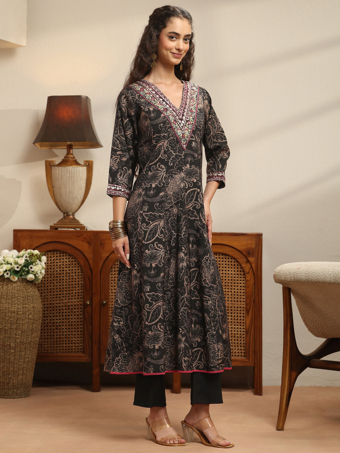  Black Floral Printed Silk Blend Anarkali Suit Set 