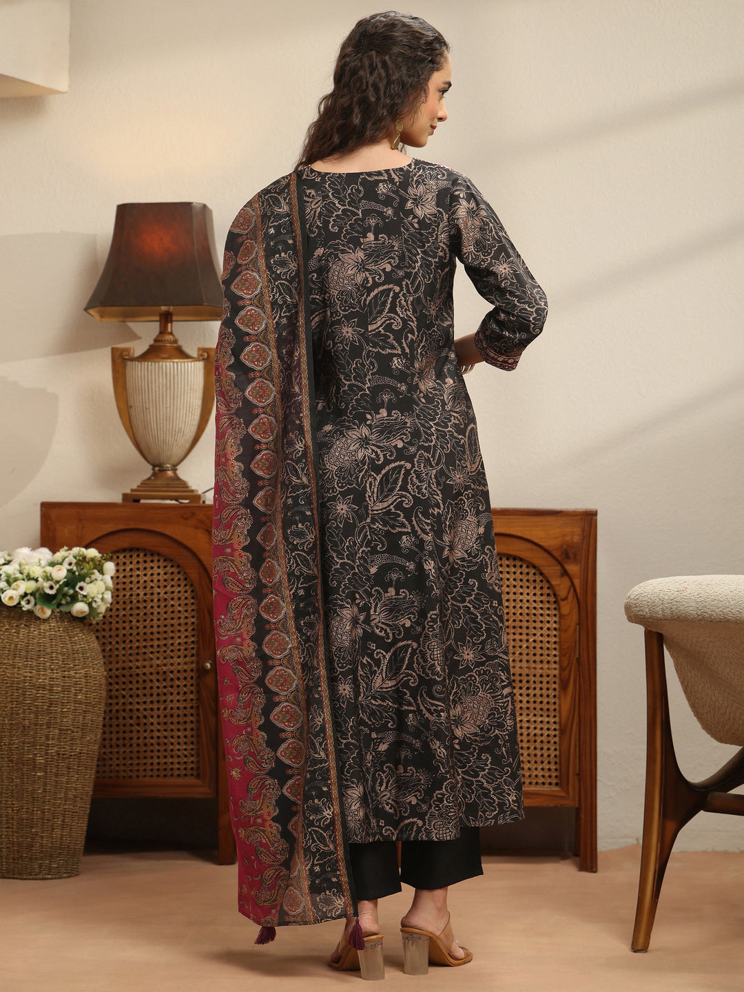  Black Floral Printed Silk Blend Anarkali Suit Set 