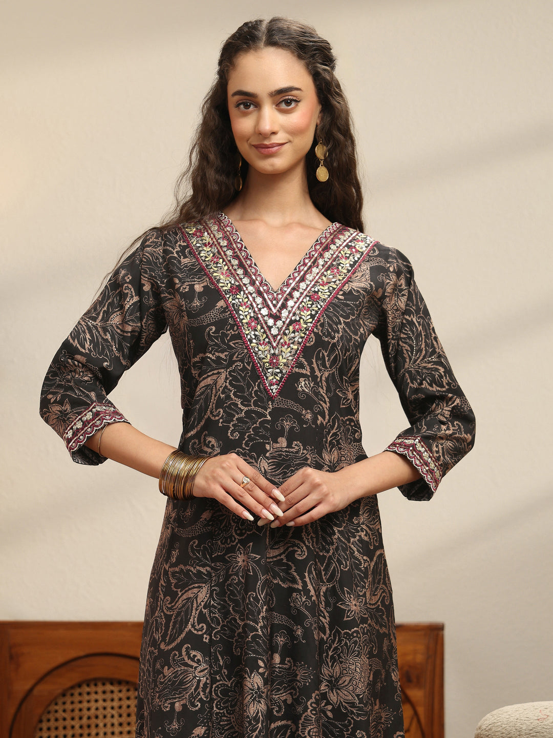  Black Floral Printed Silk Blend Anarkali Suit Set 