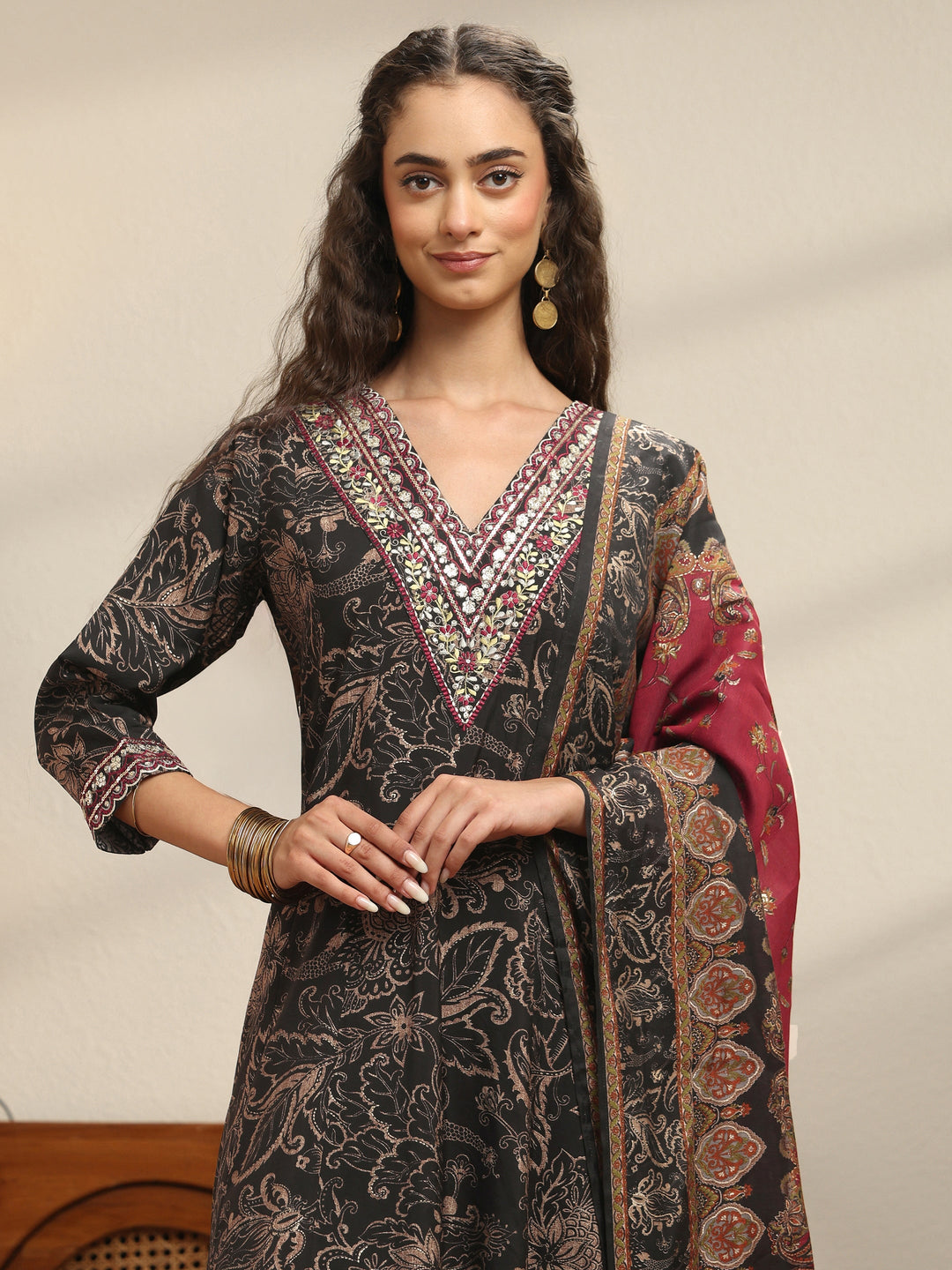  Black Floral Printed Silk Blend Anarkali Suit Set 