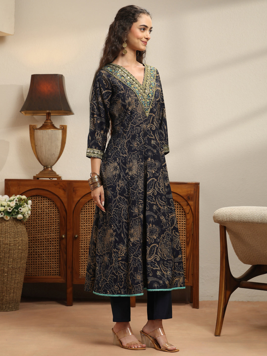  Midnight Blue Floral Printed Silk Blend Anarkali Suit Set 