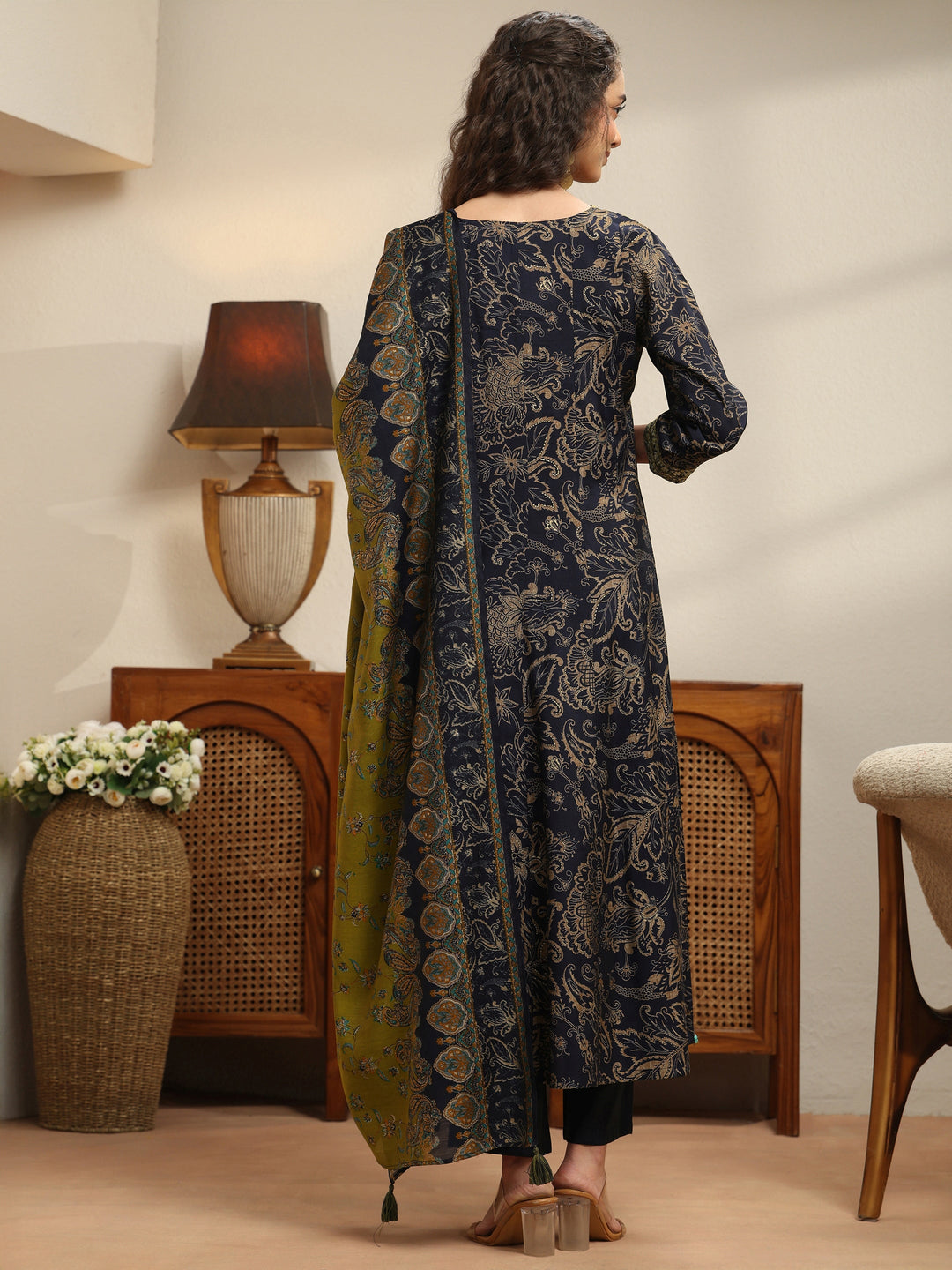  Midnight Blue Floral Printed Silk Blend Anarkali Suit Set 