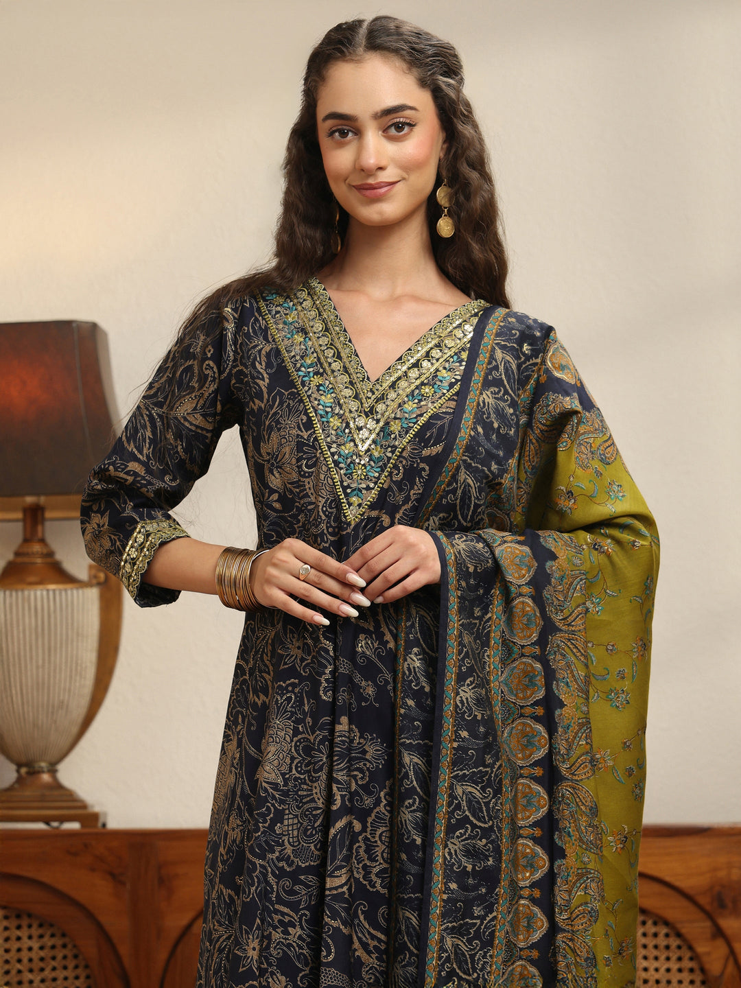  Midnight Blue Floral Printed Silk Blend Anarkali Suit Set 