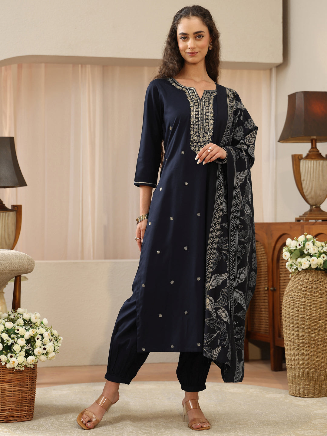  Midnight Blue Embellished Yoke Rayon Straight Suit Set 