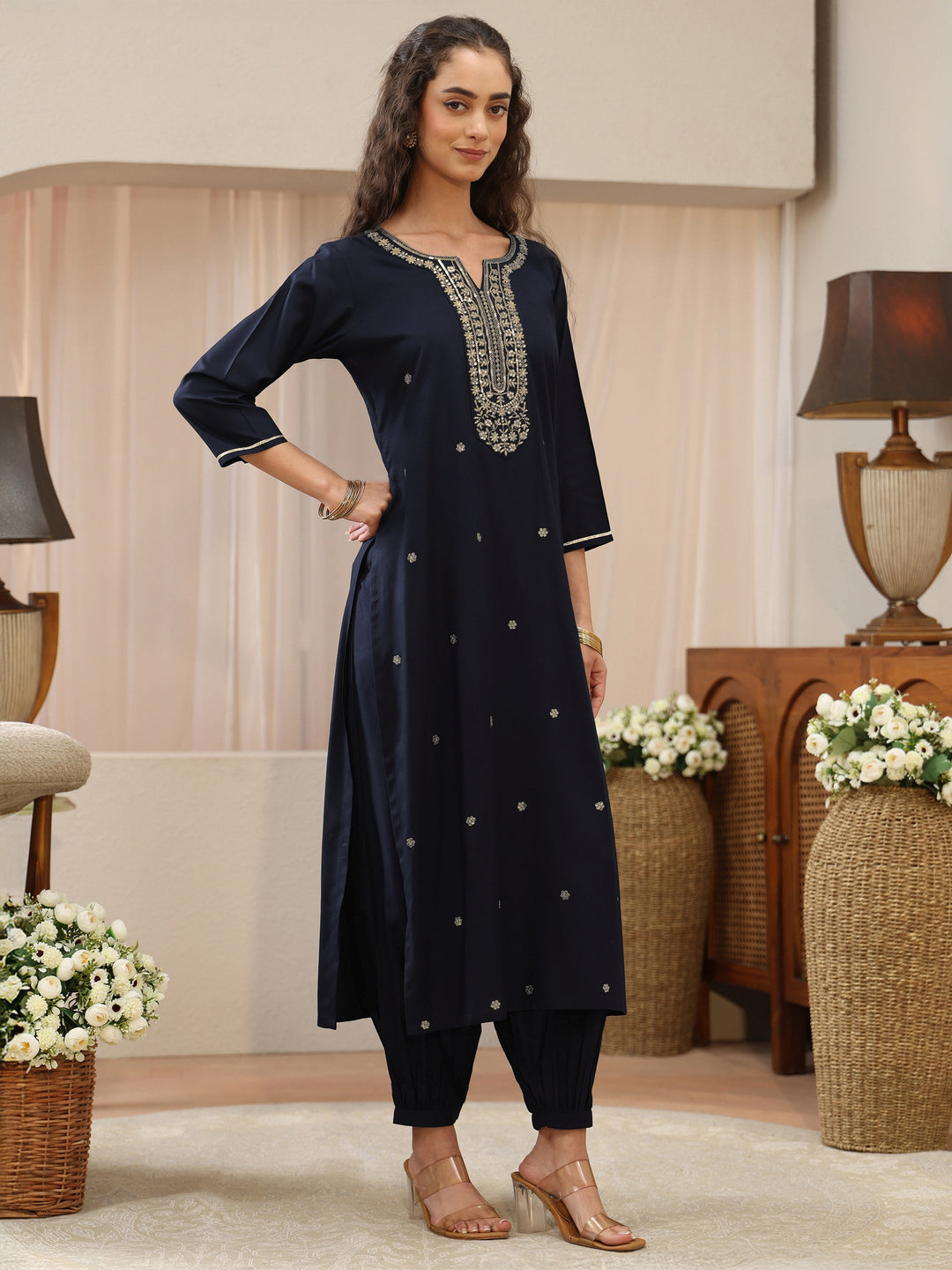 Midnight Blue Embellished Yoke Rayon Straight Suit Set 