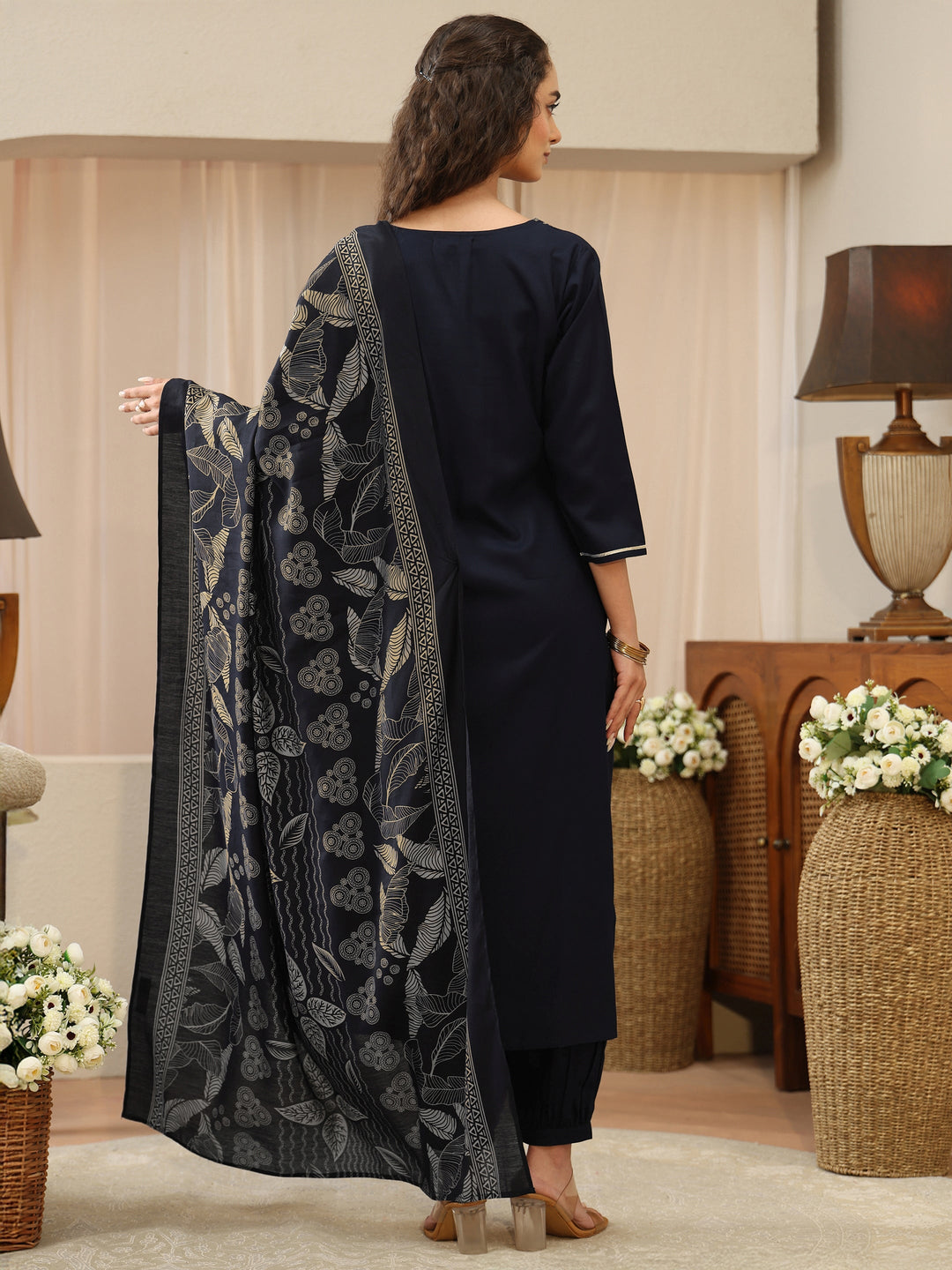  Midnight Blue Embellished Yoke Rayon Straight Suit Set 