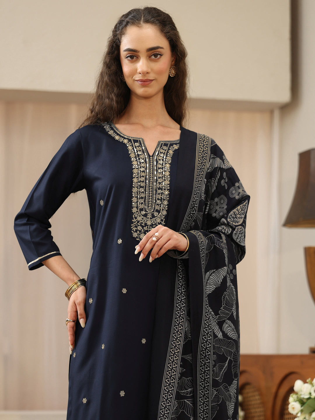  Midnight Blue Embellished Yoke Rayon Straight Suit Set 
