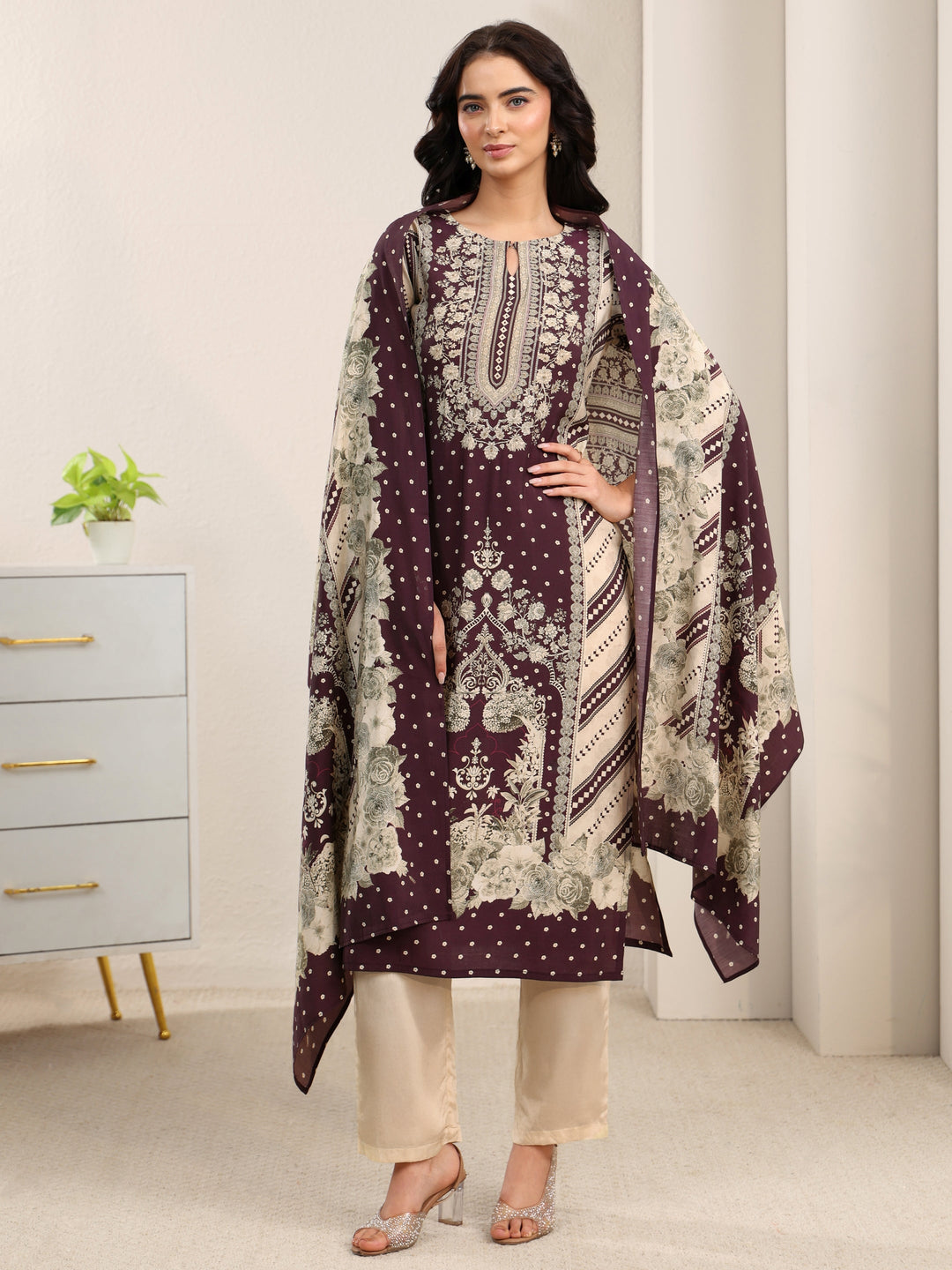  Libas Beige Floral Printed Silk Blend Straight Suit Set 