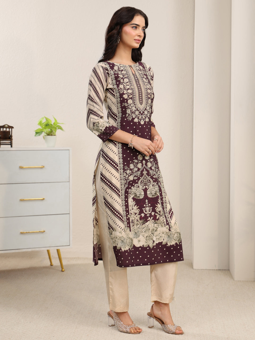  Libas Beige Floral Printed Silk Blend Straight Suit Set 
