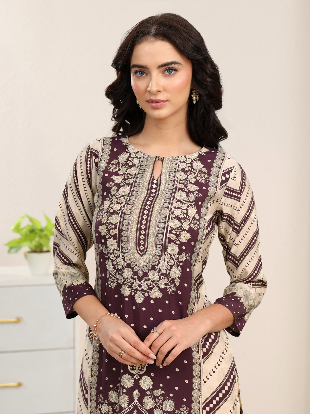  Libas Beige Floral Printed Silk Blend Straight Suit Set 