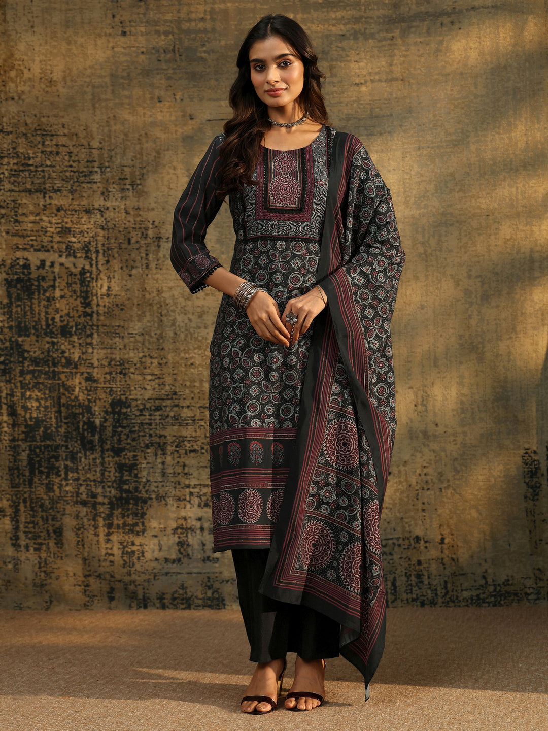  Libas Black Ajrakh Silk Blend Straight Suit Set 