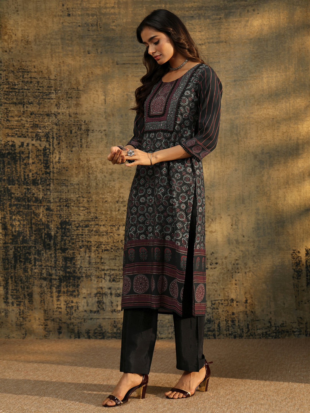  Libas Black Ajrakh Silk Blend Straight Suit Set 