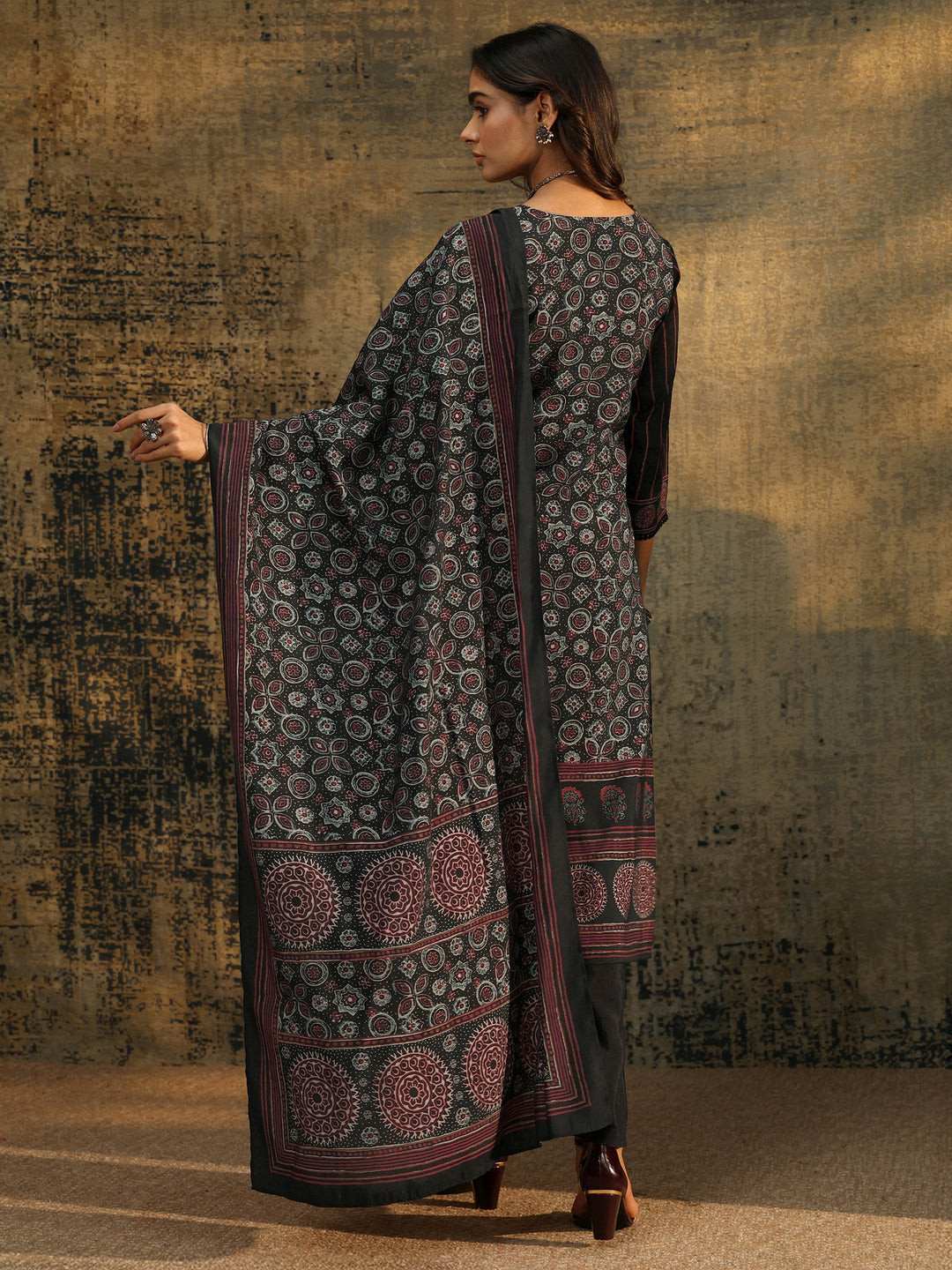  Libas Black Ajrakh Silk Blend Straight Suit Set 