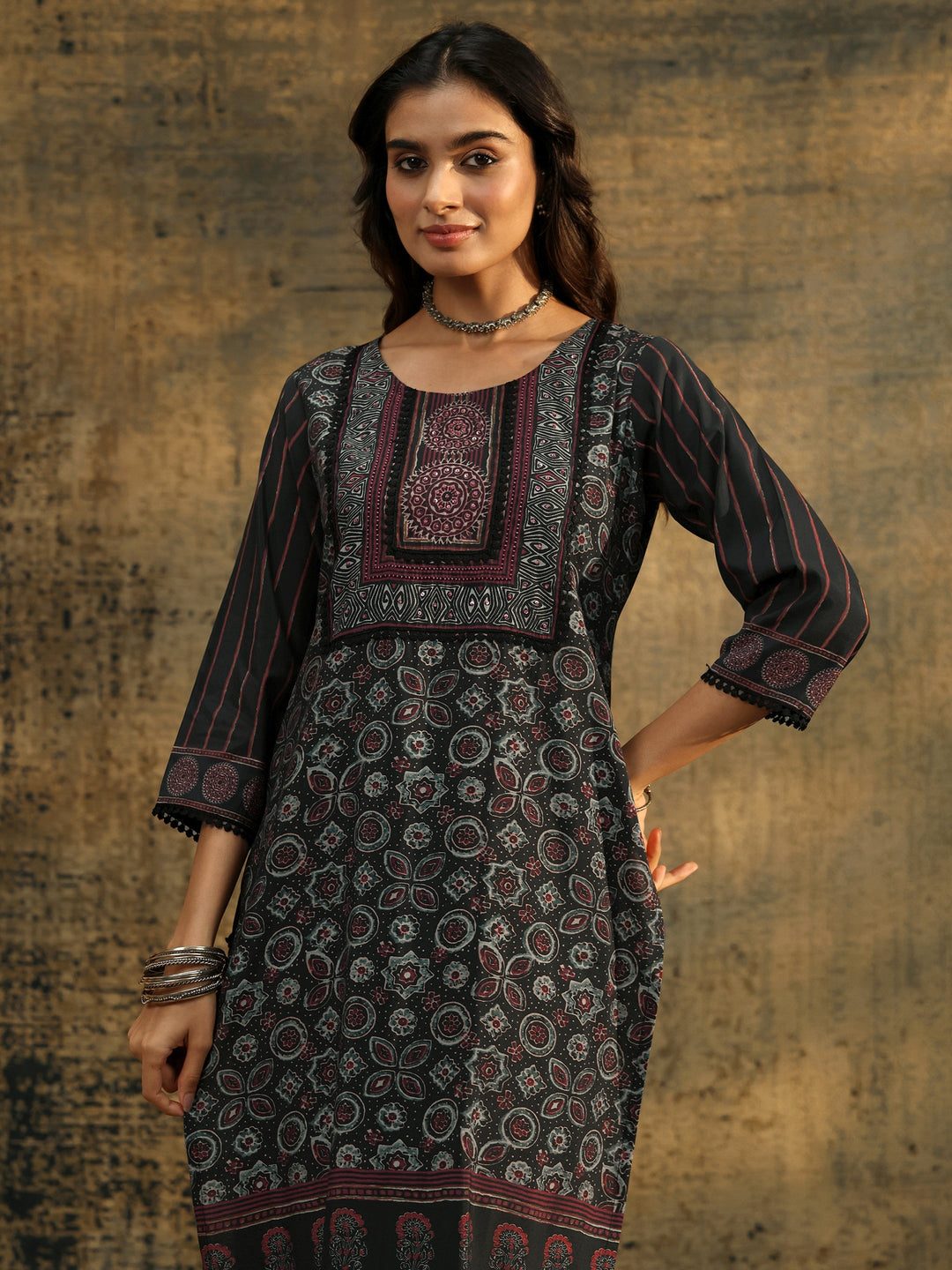  Libas Black Ajrakh Silk Blend Straight Suit Set 