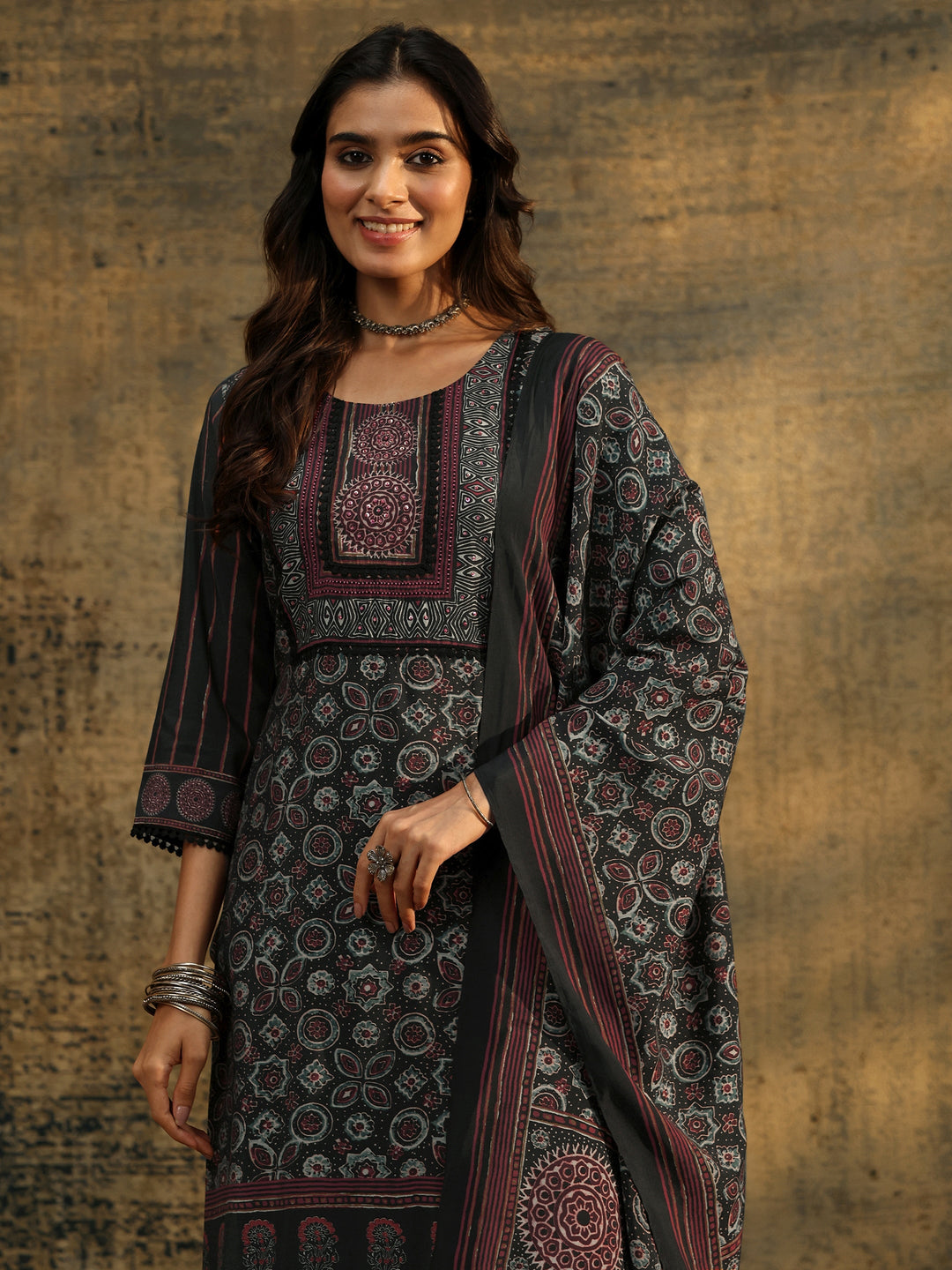  Libas Black Ajrakh Silk Blend Straight Suit Set 