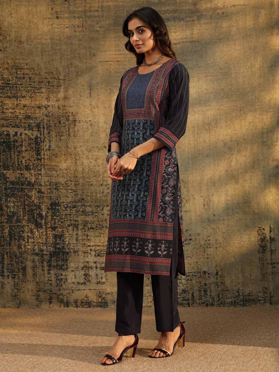  Libas Navy Blue Ajrakh Silk Blend Straight Suit Set 