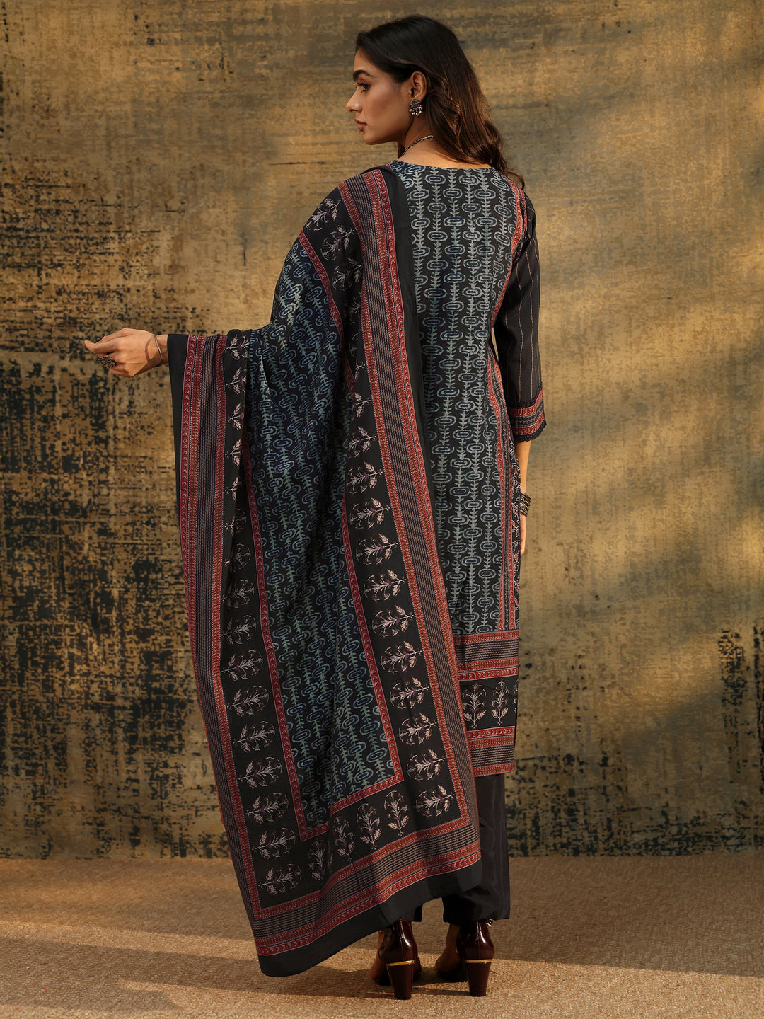  Libas Navy Blue Ajrakh Silk Blend Straight Suit Set 