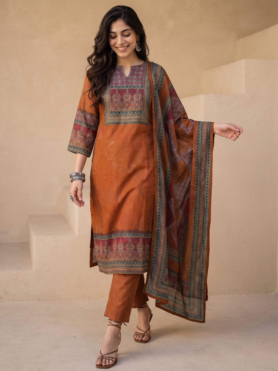  Libas Brown Printed Silk Blend Straight Suit Set 