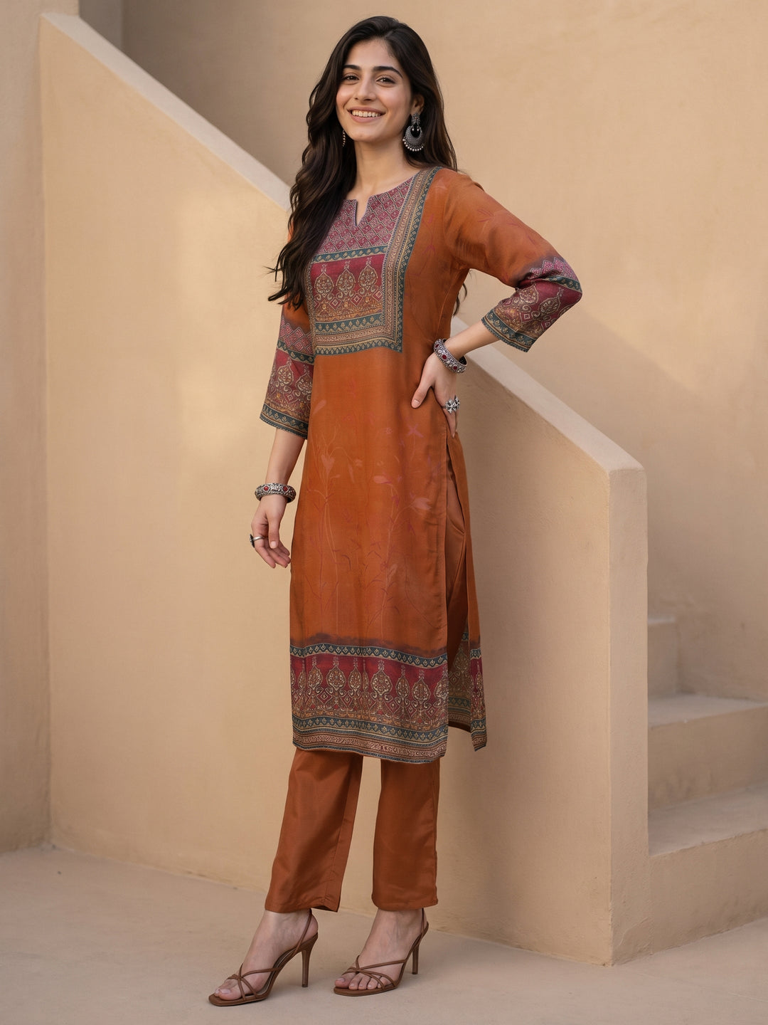 Libas Brown Printed Silk Blend Straight Suit Set 