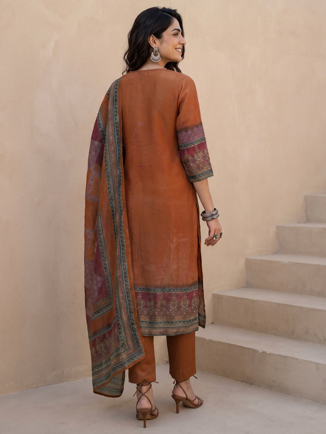  Libas Brown Printed Silk Blend Straight Suit Set 