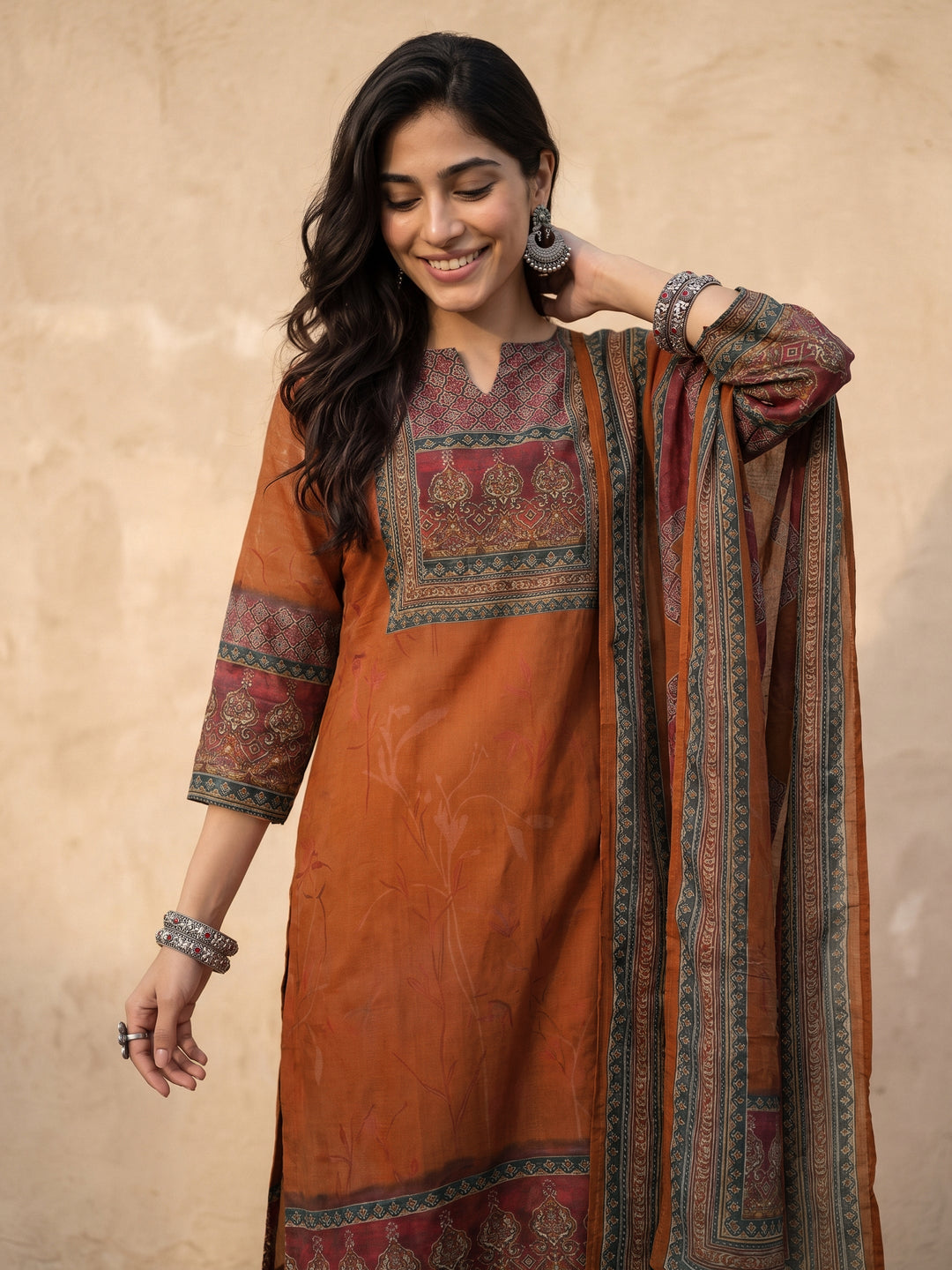  Libas Brown Printed Silk Blend Straight Suit Set 