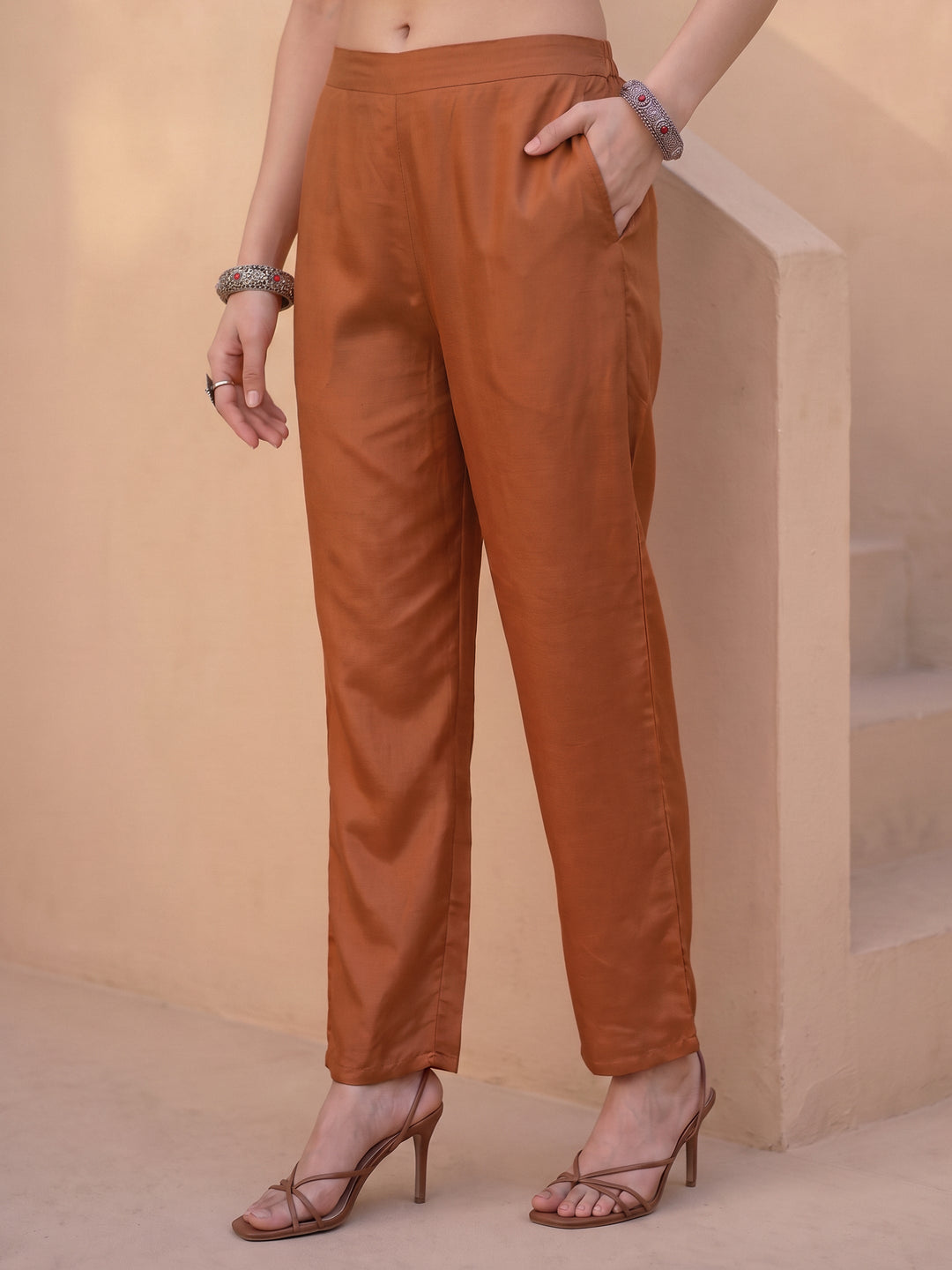  Libas Brown Printed Silk Blend Straight Suit Set 