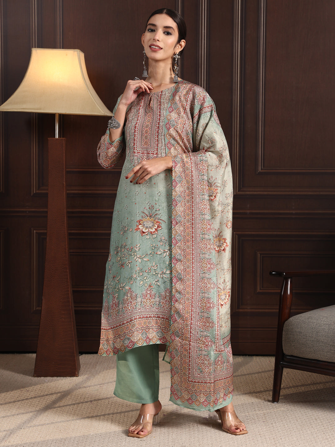  Libas Sea Green Floral Printed Silk Blend Straight Suit Set 