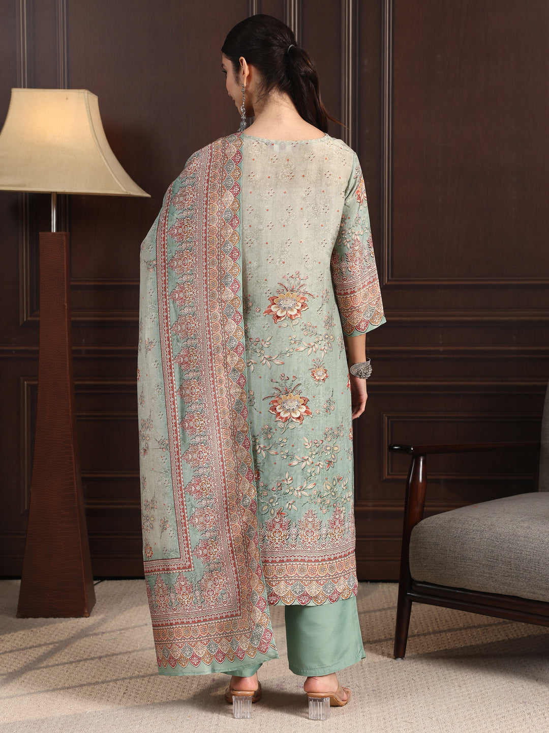  Libas Sea Green Floral Printed Silk Blend Straight Suit Set 