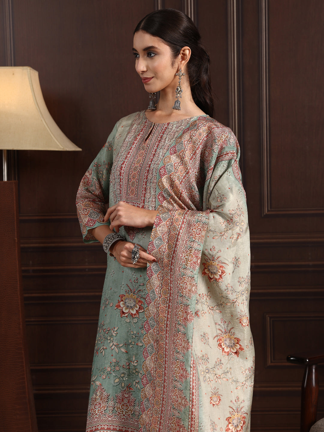  Libas Sea Green Floral Printed Silk Blend Straight Suit Set 