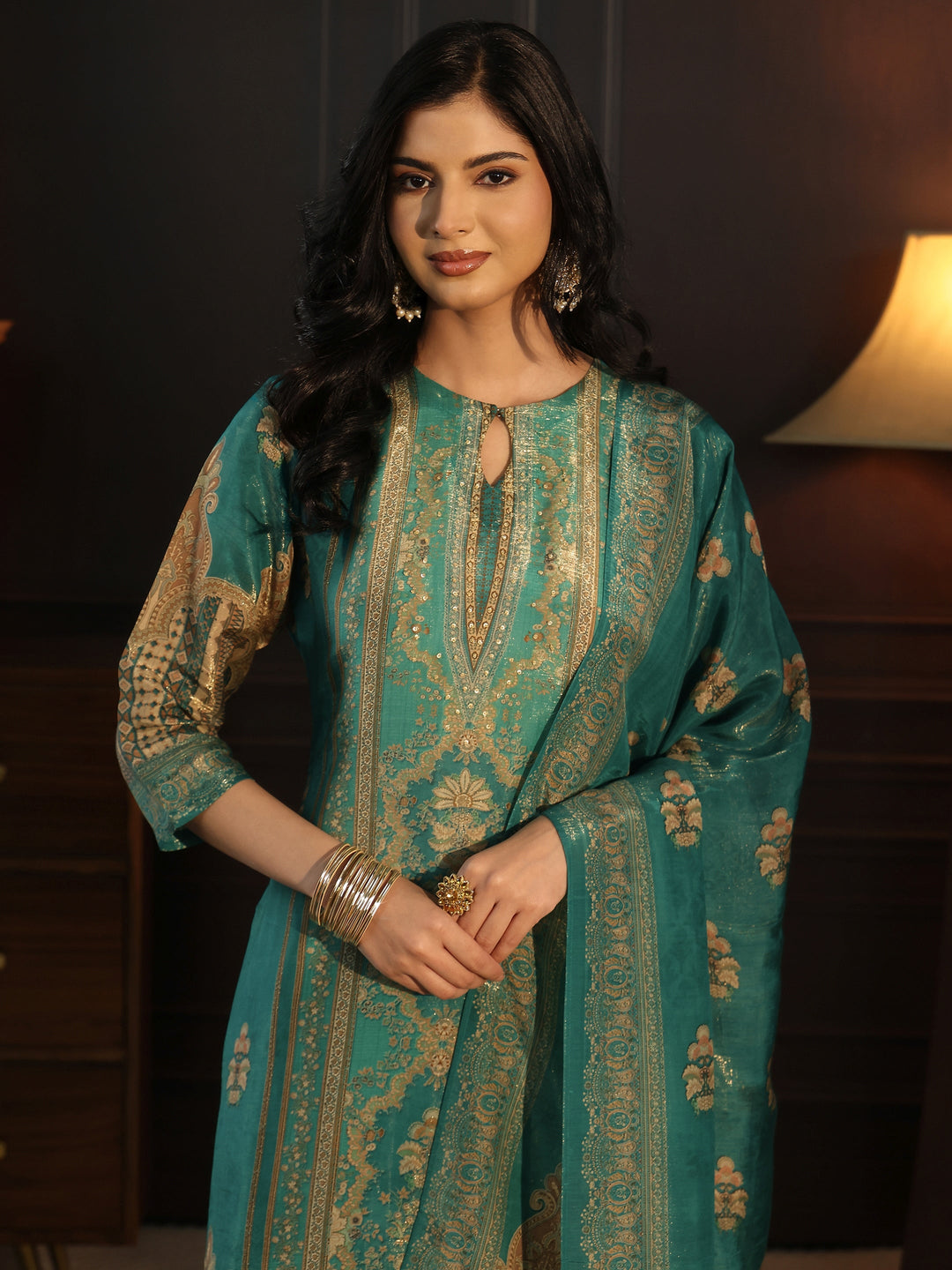  Libas Sea Green Printed Silk Blend Straight Suit Set 