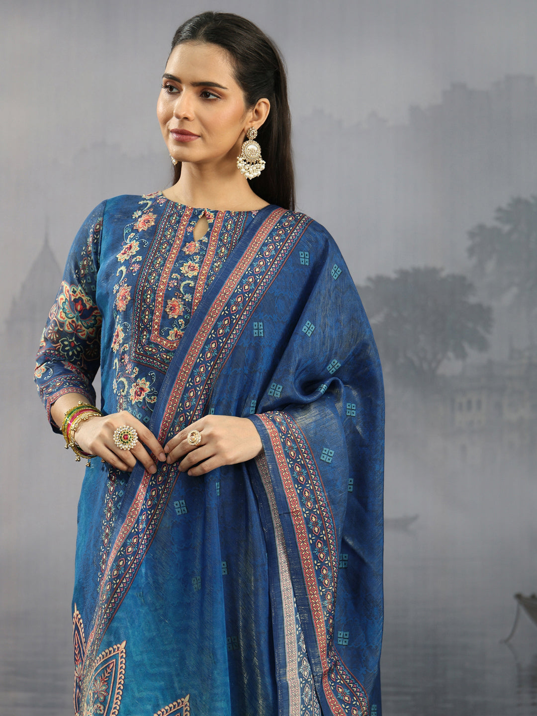  Libas Blue Floral Printed Silk Blend Straight Suit Set 