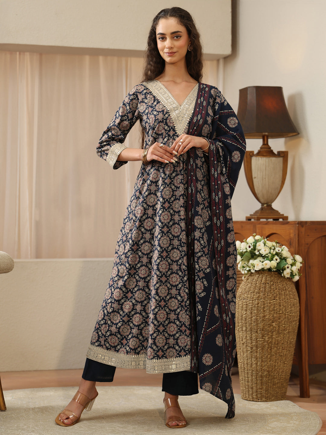 Navy Blue Mandala Print Silk Blend Anarkali Suit Set 