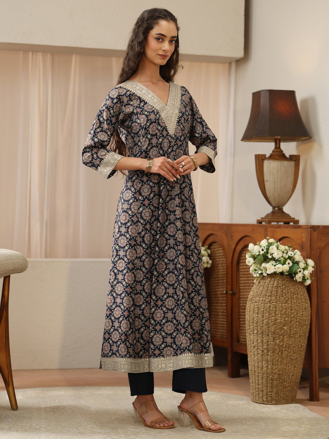  Navy Blue Mandala Print Silk Blend Anarkali Suit Set 