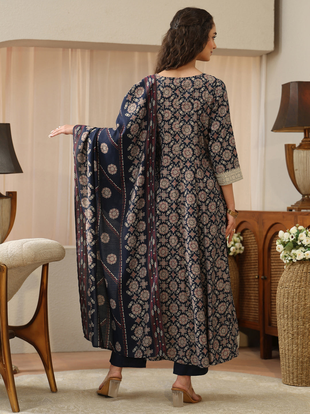  Navy Blue Mandala Print Silk Blend Anarkali Suit Set 
