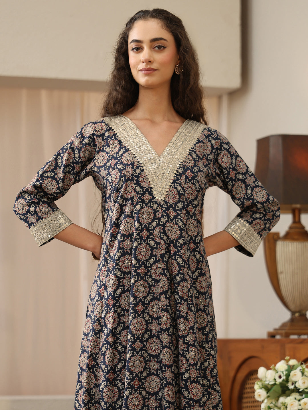  Navy Blue Mandala Print Silk Blend Anarkali Suit Set 