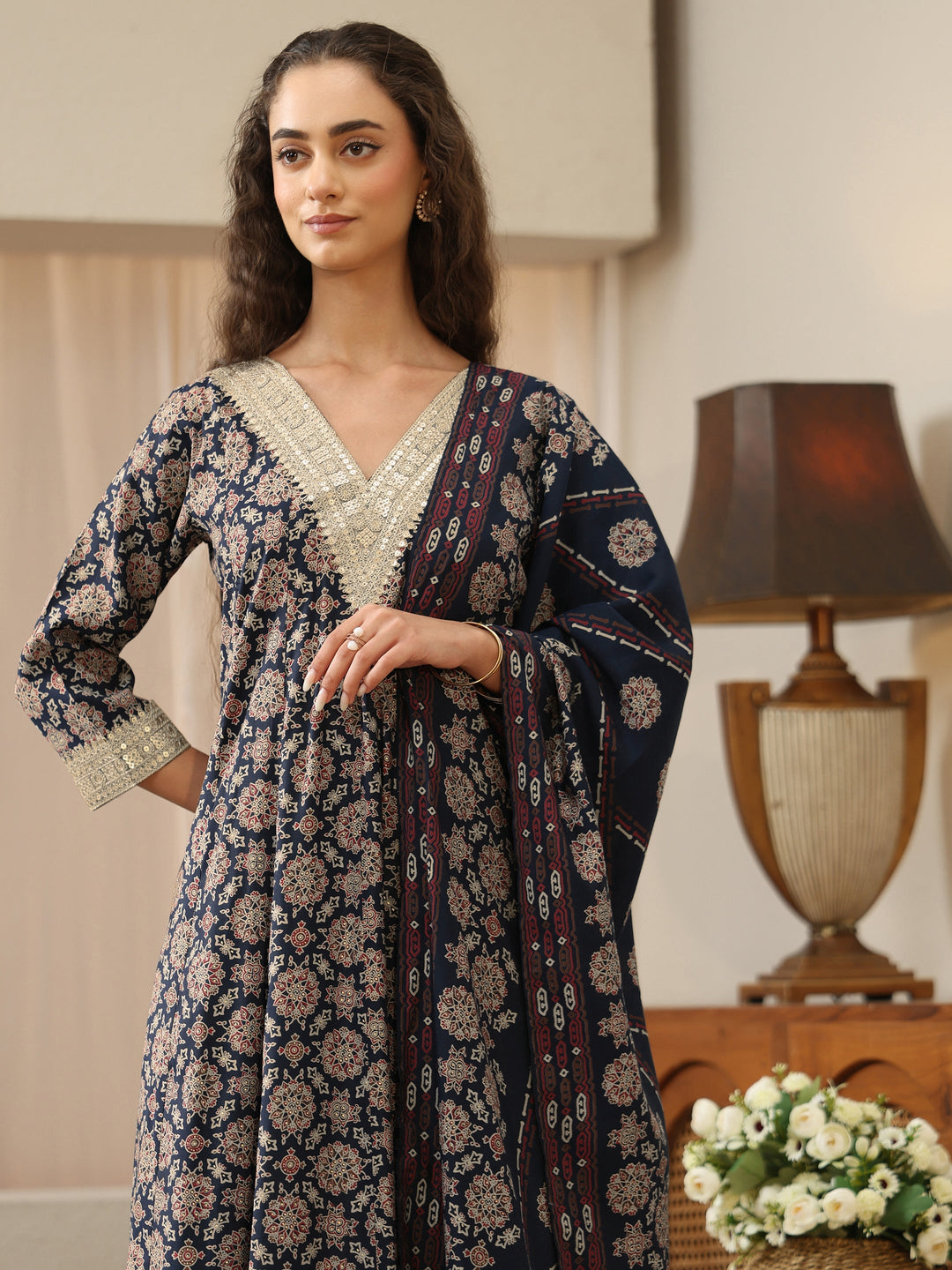  Navy Blue Mandala Print Silk Blend Anarkali Suit Set 