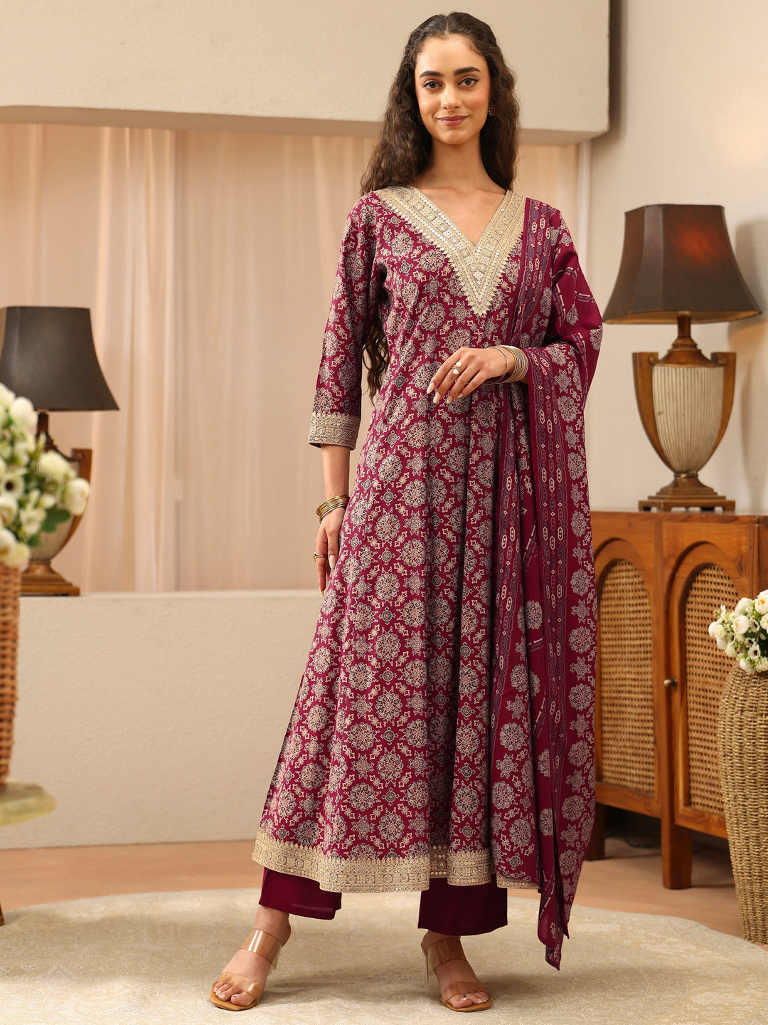 Maroon Mandala Print Silk Blend Anarkali Suit Set 