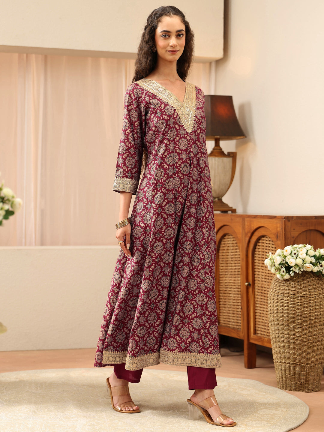  Maroon Mandala Print Silk Blend Anarkali Suit Set 