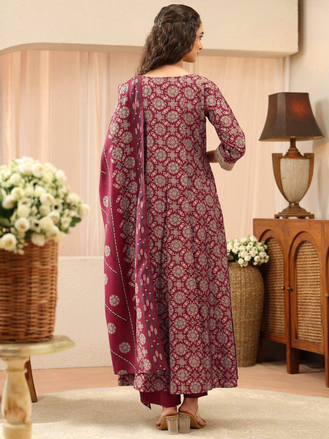  Maroon Mandala Print Silk Blend Anarkali Suit Set 