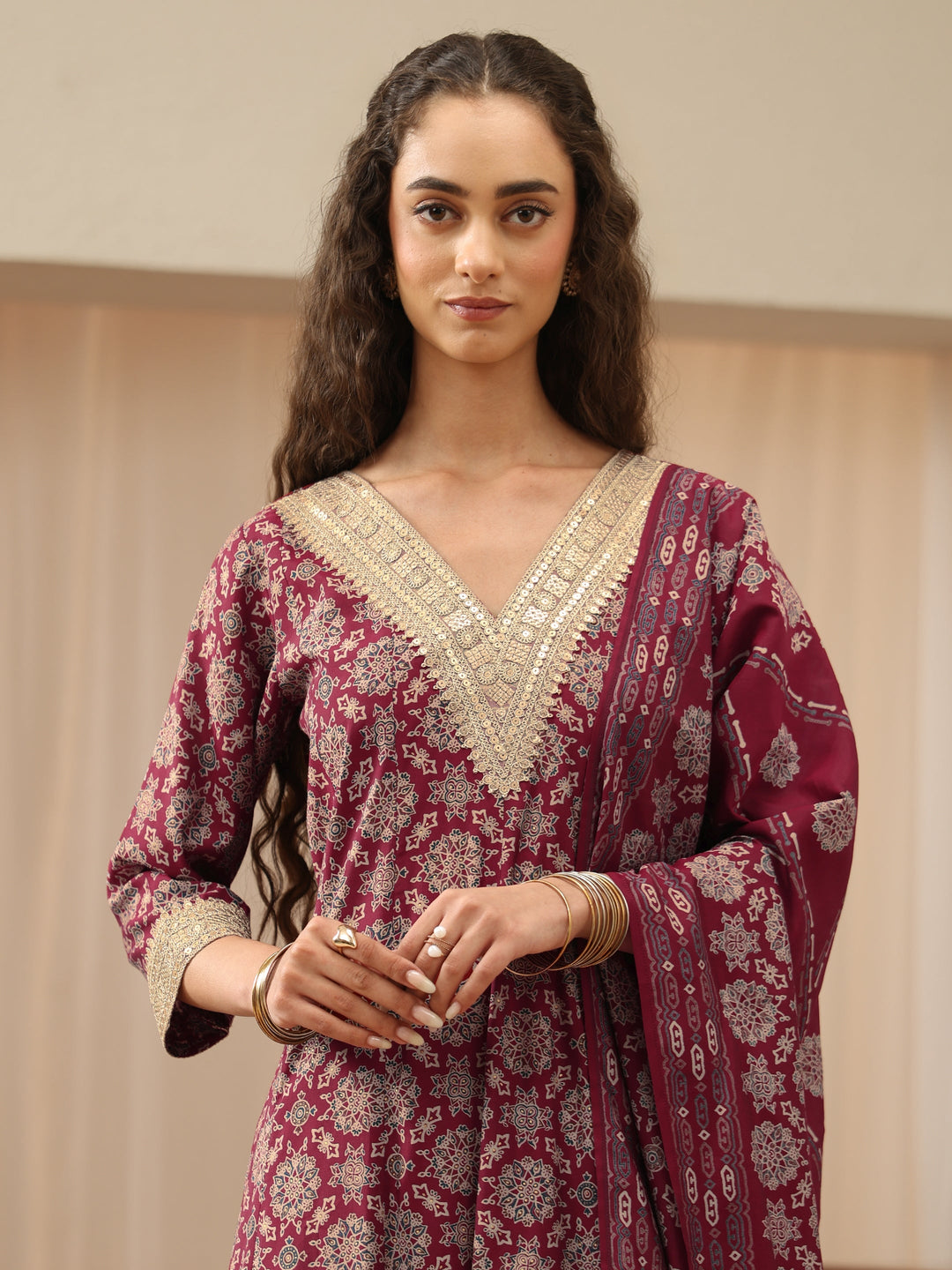  Maroon Mandala Print Silk Blend Anarkali Suit Set 