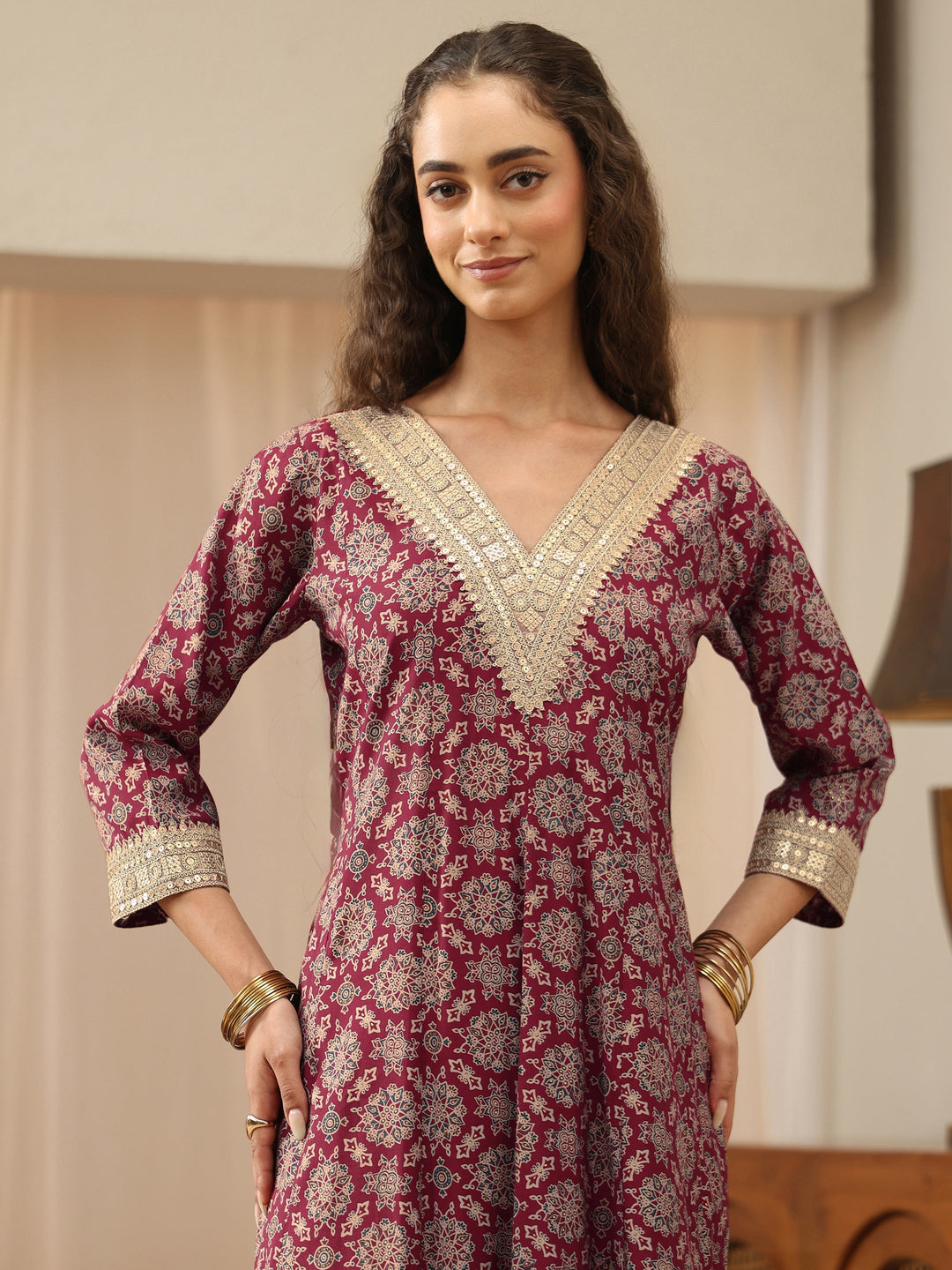  Maroon Mandala Print Silk Blend Anarkali Suit Set 