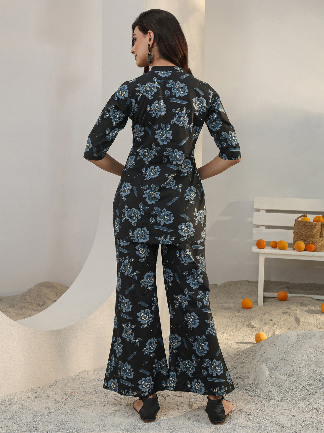  Black Floral Printed Cotton Co-Ord Set 