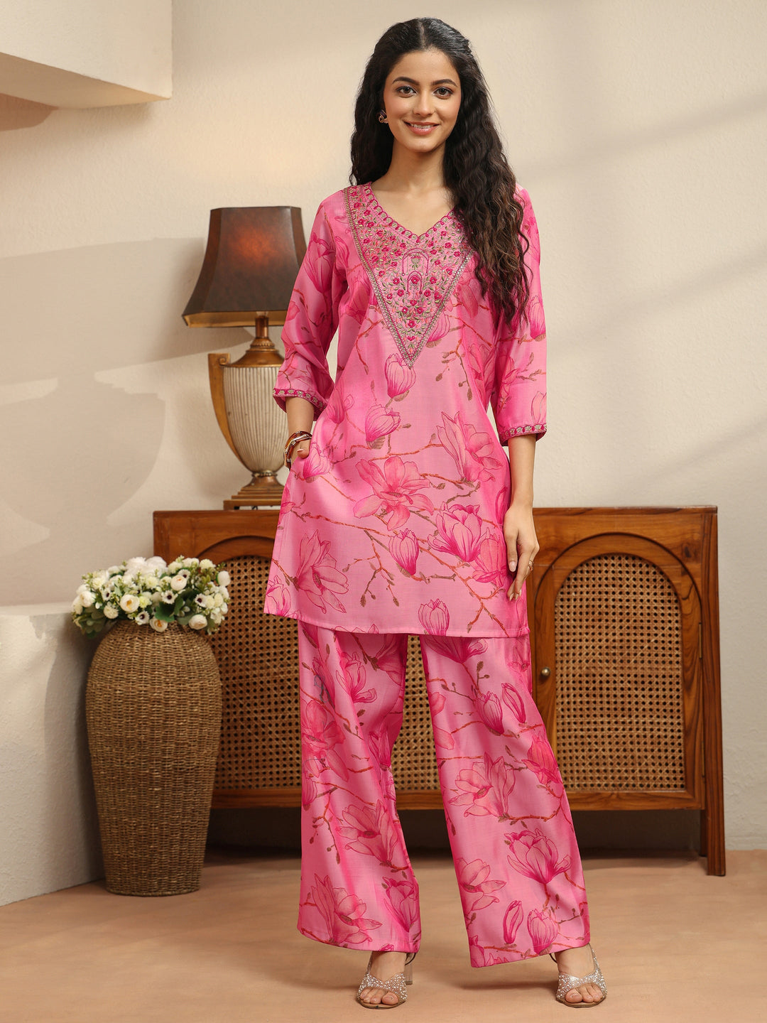 Pink Floral Print Silk Blend Co-Ord Set 