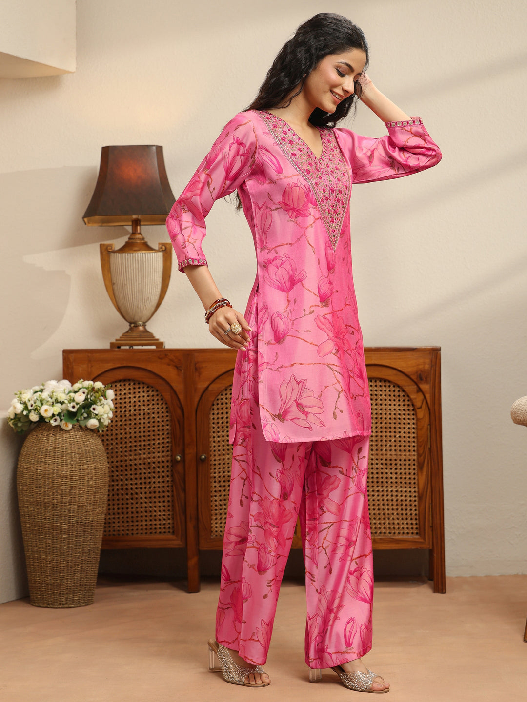  Pink Floral Print Silk Blend Co-Ord Set 