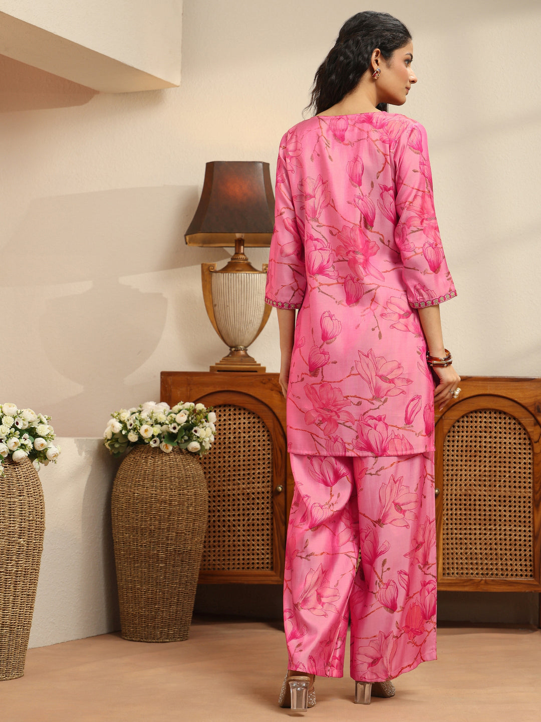  Pink Floral Print Silk Blend Co-Ord Set 