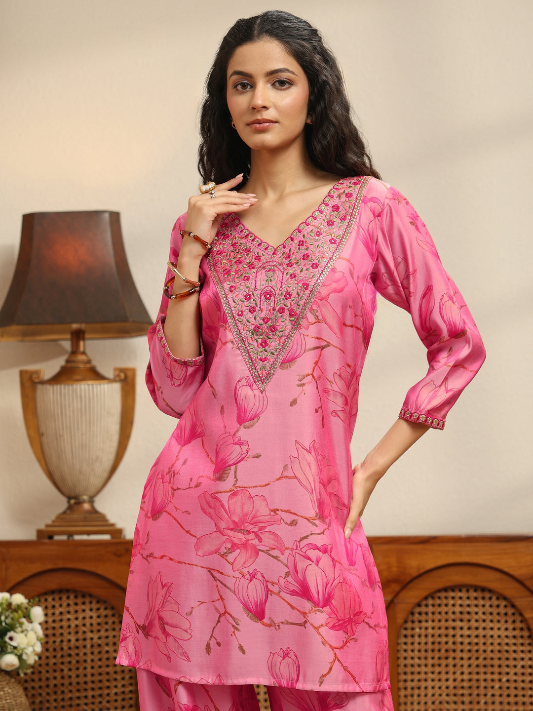  Pink Floral Print Silk Blend Co-Ord Set 
