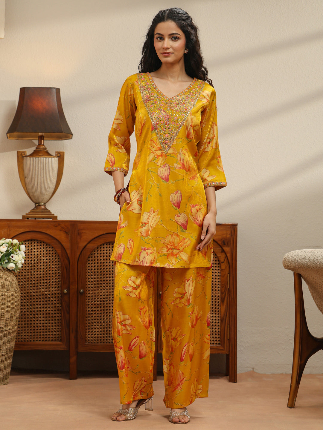  Mustard Floral Print Silk Blend Co-Ord Set 