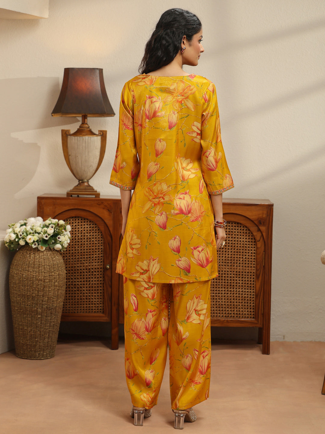  Mustard Floral Print Silk Blend Co-Ord Set 