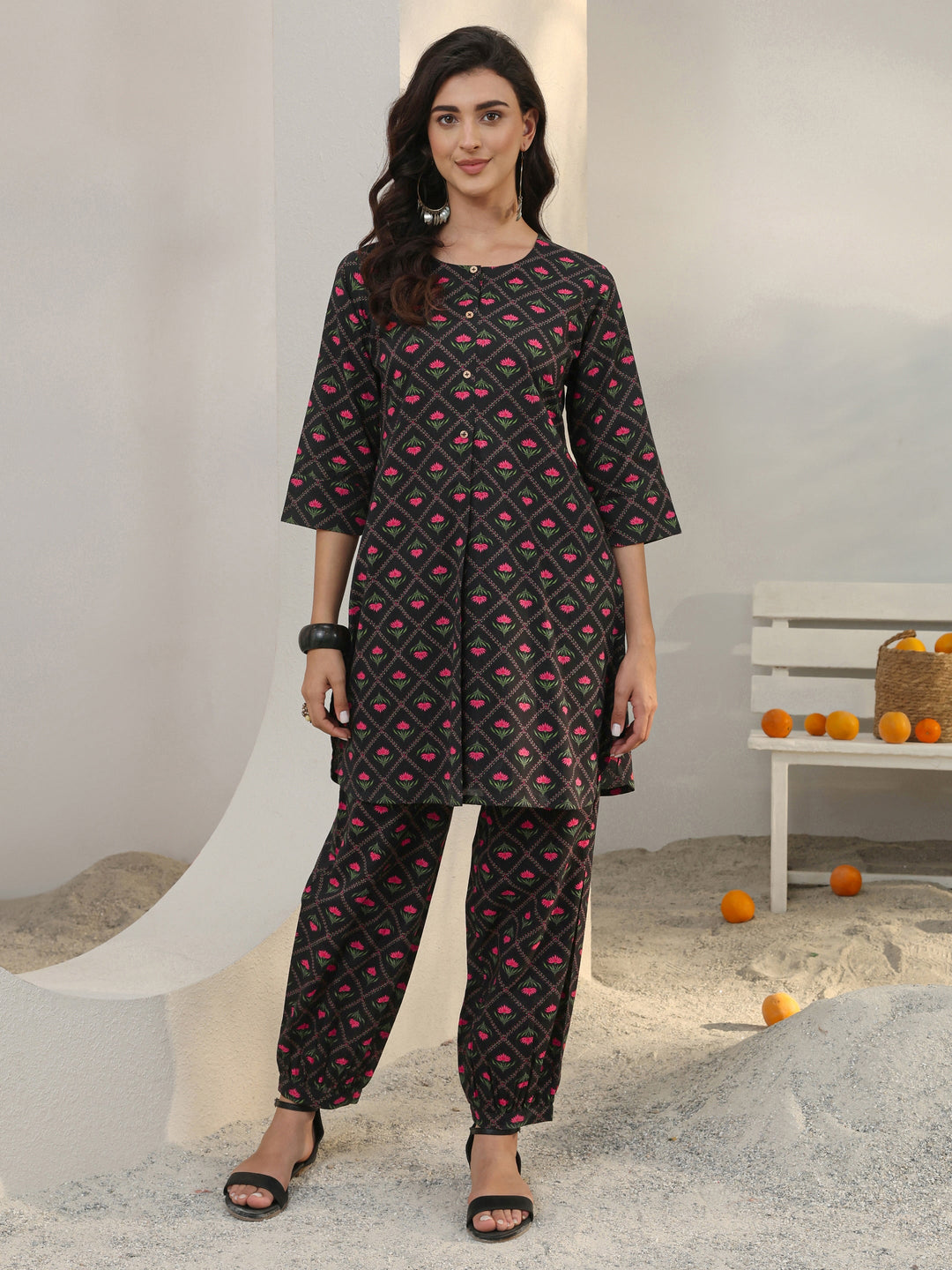  Black Floral Printed Cotton Co-Ord Set 