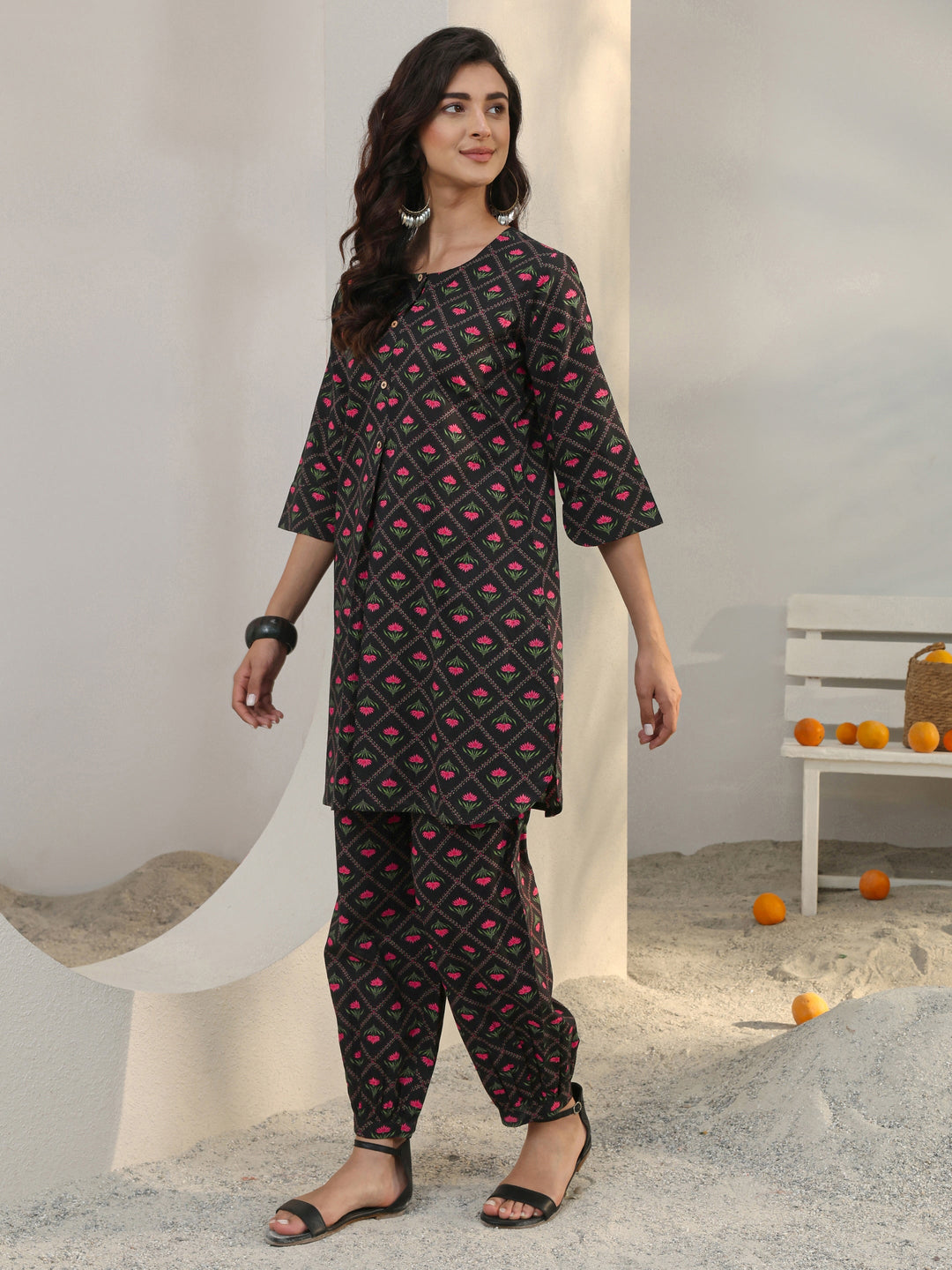  Black Floral Printed Cotton Co-Ord Set 